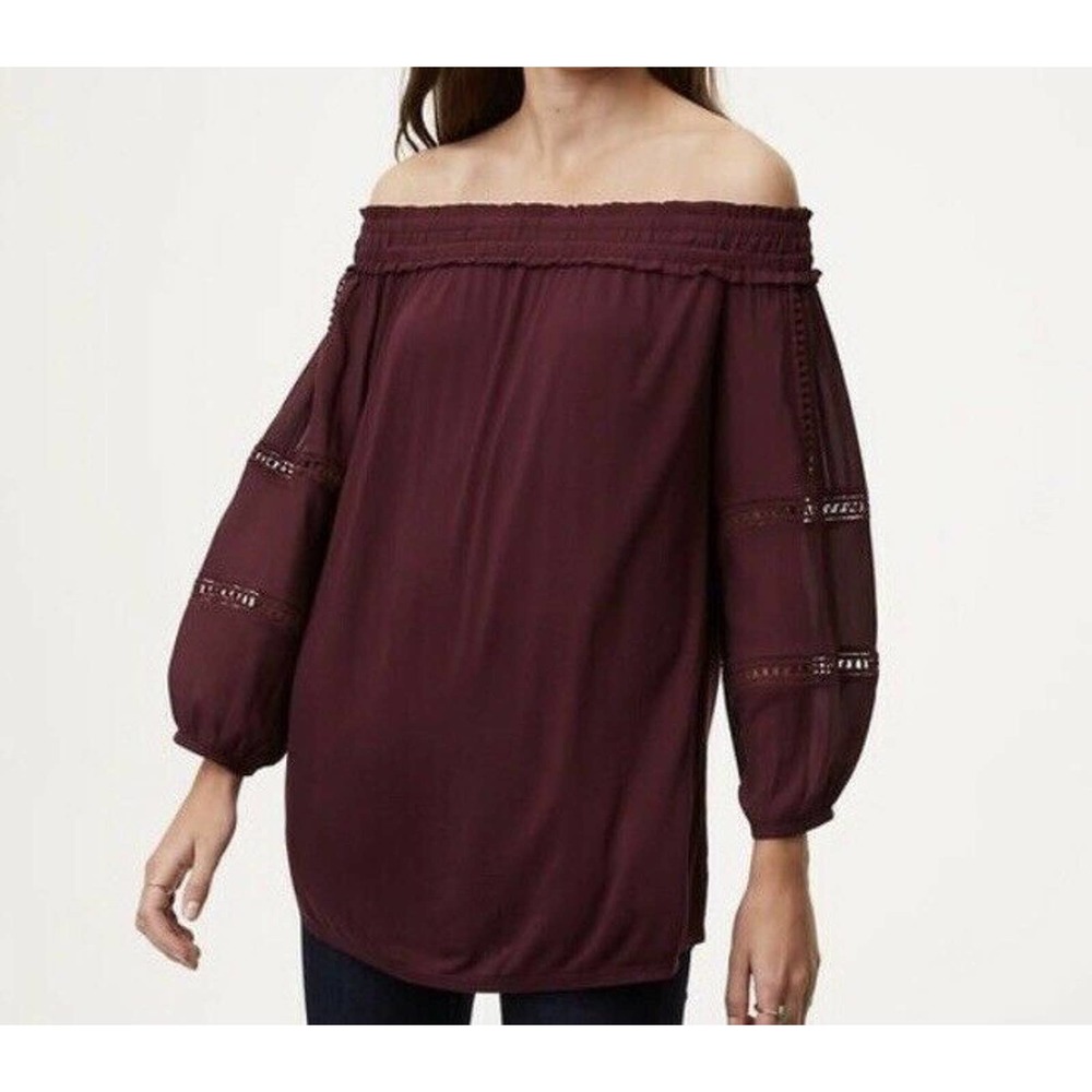 NWT Loft‎ Womens Off The Shoulder Blouse Size Small Burgundy Embroidery